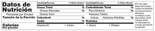 United States Nutrition Facts Label - Standard Tabular - Spanish Only