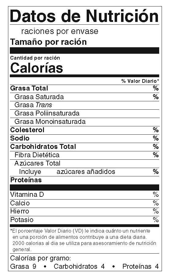 United States Nutrition Facts Label - Standard Vertical with Mono and Poly Fats - Spanish Only