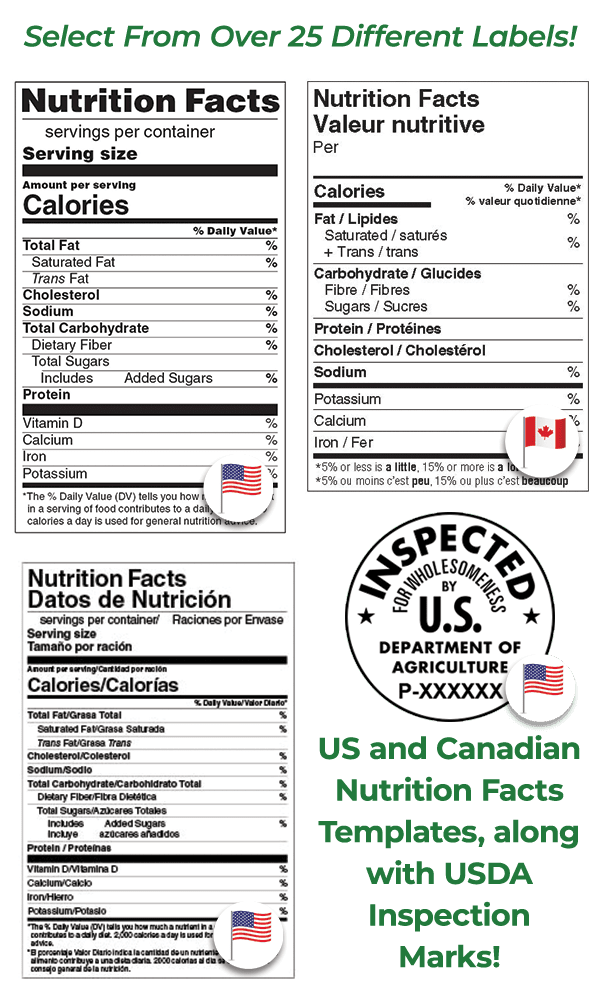 Nutrition Facts Labels - Nutrition Facts Label Maker - United States and Canada - 25 Different Labels