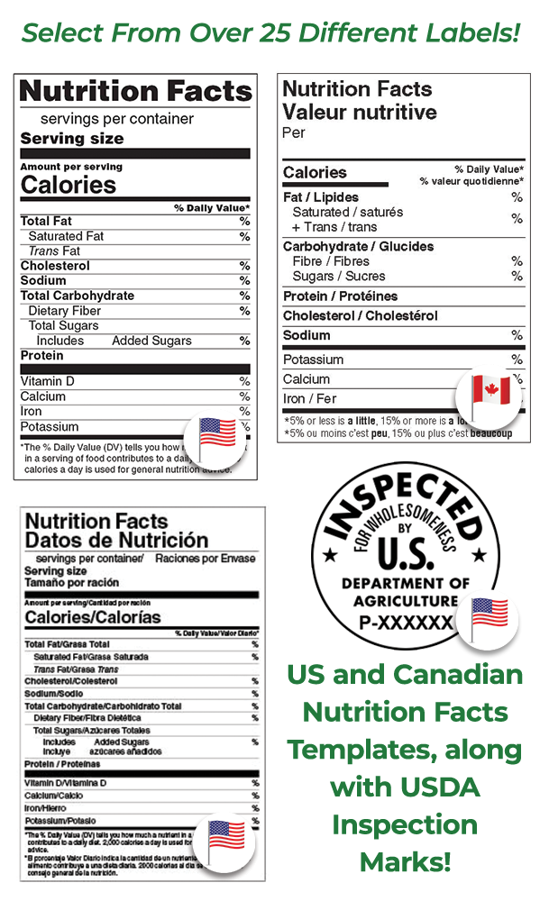 Nutrition Facts Labels - Nutrition Facts Label Maker - United States and Canada - 25 Different Labels