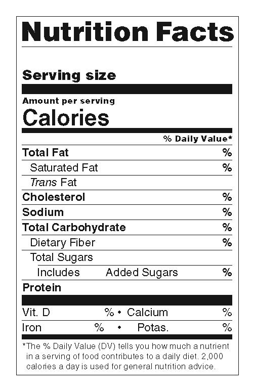 United States Nutrition Facts Label - Standard Vertical Side by Side, blank “Servings per container” line