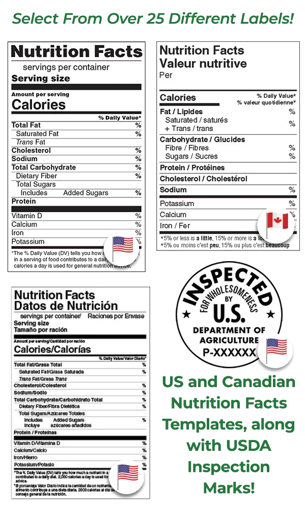 Nutrition Facts Labels - Nutrition Facts Label Maker - United States and Canada - 25 Different Labels